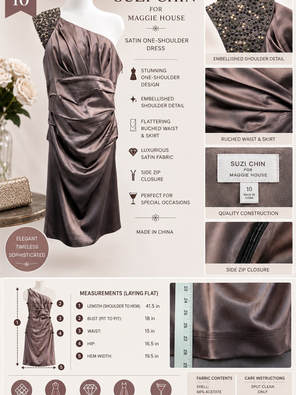Suzi Chin for Maggie House One-Shoulder Embellished Cocktail Dress – Size 10